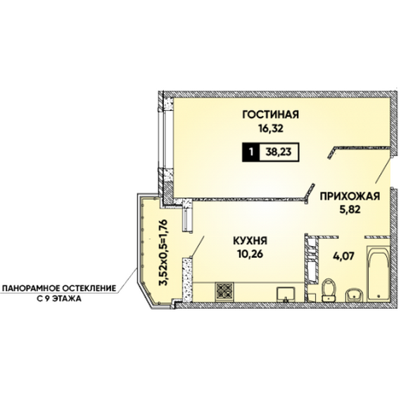 Планировка 1-комн 38,23 м²