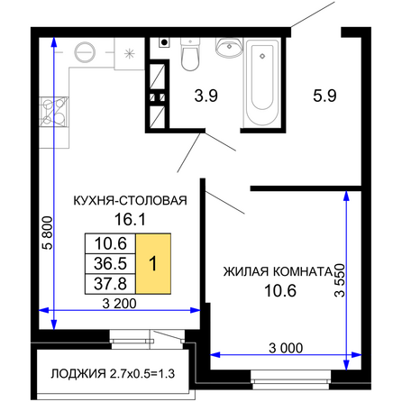 Планировка 1-комн 37,8 м²