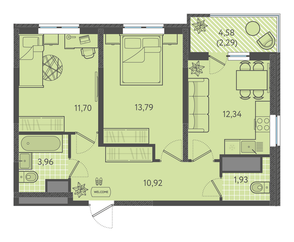 Планировка 2-комн 56 - 57,1 м²