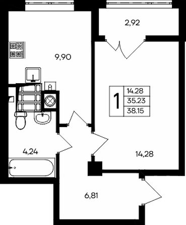 Планировка 1-комн 38,15 - 38,45 м²