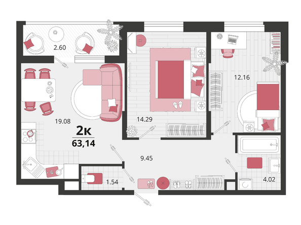 Планировка 2-комн 63,14 м²