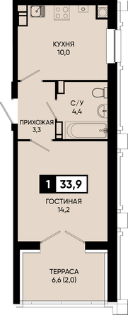 Планировка 1-комн 33,9 м²