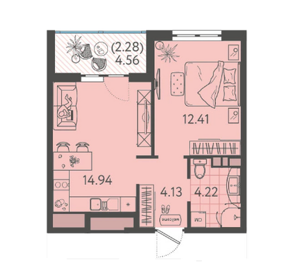 Планировка 1-комнатной квартиры, подъезды 1, 6