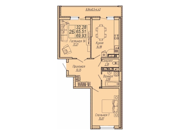 Планировка 2-комн 69,93 м²