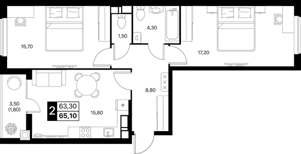 Планировка 2-комн 65,1, 65,4 м²