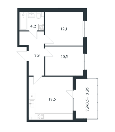 Планировка 2-комн 56,85, 57,15 м²