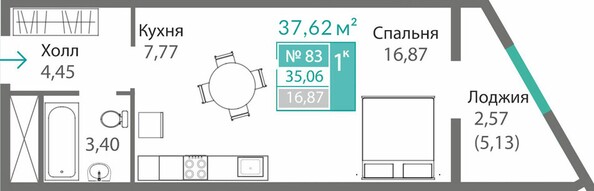 Планировка 1-комн 35,06 м²