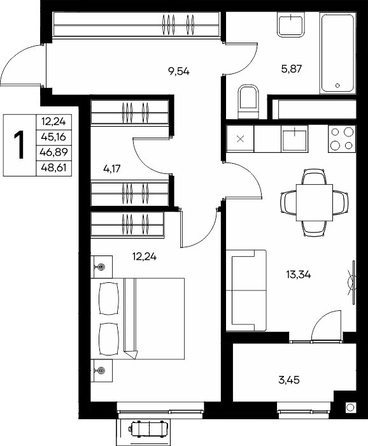 Планировка 1-комн 48,61 - 48,85 м²