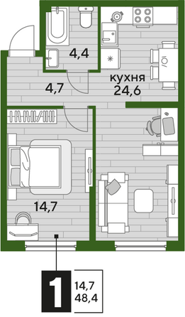 Планировка 1-комн 48,4 м²