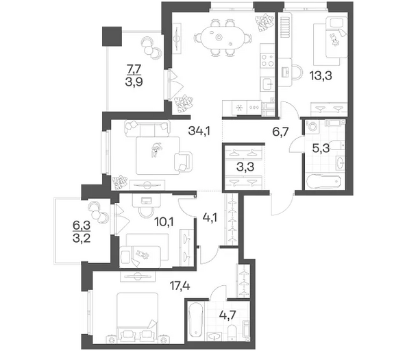 Планировка 3-комн 106,1 м²