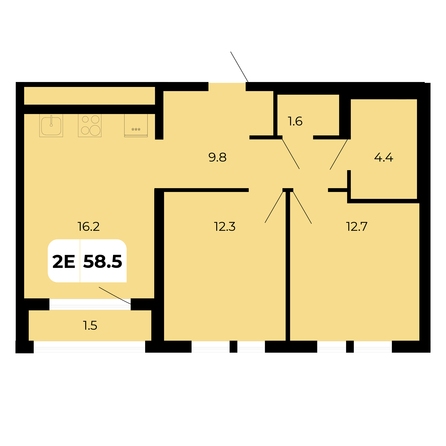 Планировка 2-комн 58,5, 58,6 м²