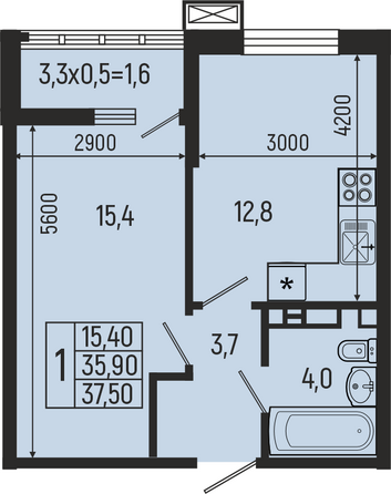 Планировка 1-комн 37,4, 37,5 м²