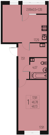 Планировка 1-комн 48,13, 48,58 м²