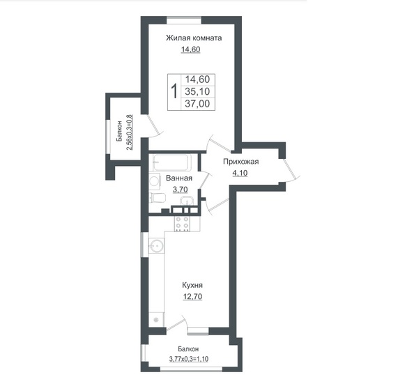 Планировка 1-комн 37 м²