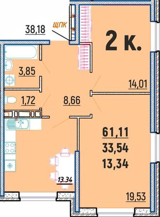 Планировка 2-комн 61,11 м²