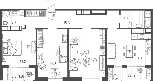 Планировка 3-комн 89,4 м²