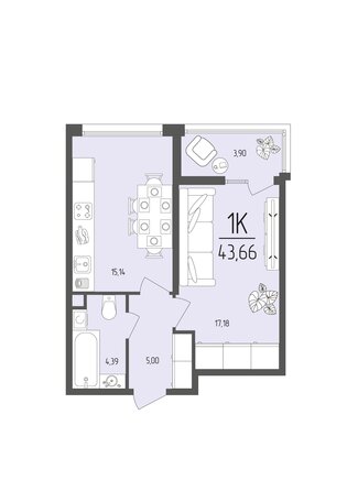 Планировка 1-комн 43,66 м²