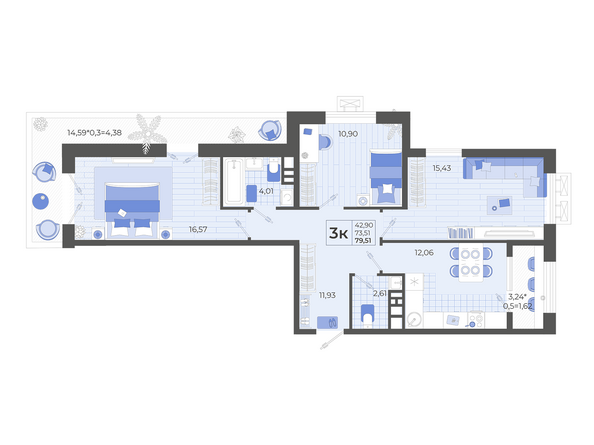 Планировка 3-комн 79,51 м²