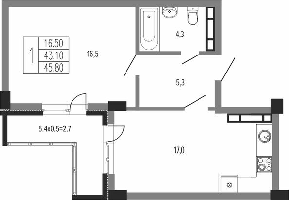 Планировка 1-комн 45,8 м²