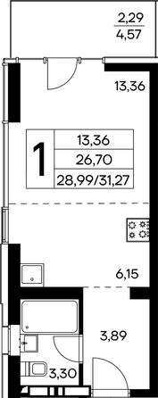 Планировка 1-комн 30,74 - 32,13 м²