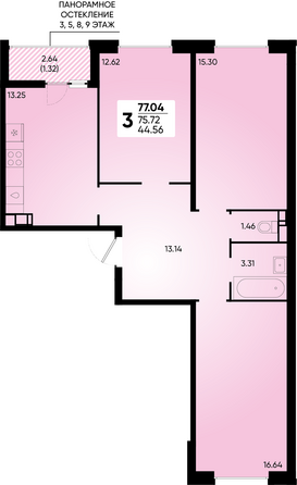 Планировка 3-комн 77,04, 77,6 м²