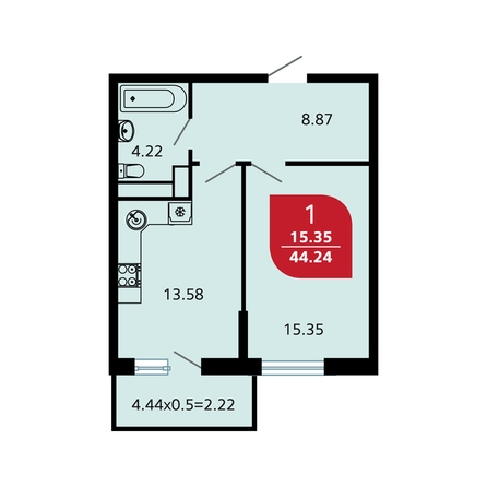 Планировка 1-комн 44,24 м²