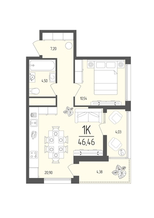 Планировка 1-комн 46,46 м²