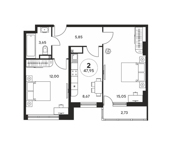 Планировка 2-комн 47,88, 49,1 м²