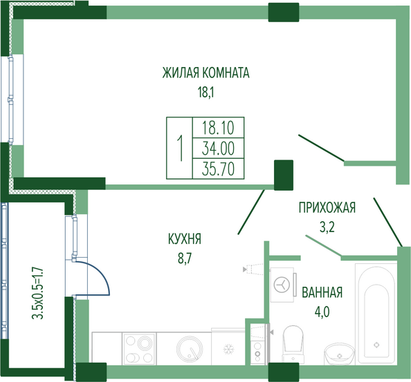 Планировка 1-комн 35,7 м²