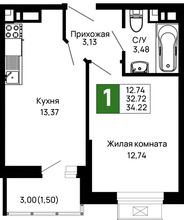 Планировка 1-комн 34,22 м²