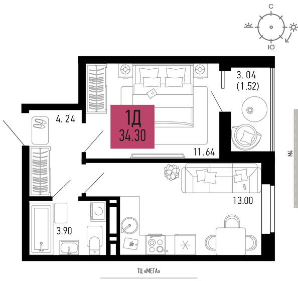 Планировка 1-комн 34,3 м²