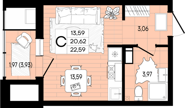 Планировка Студия 22,59 м²