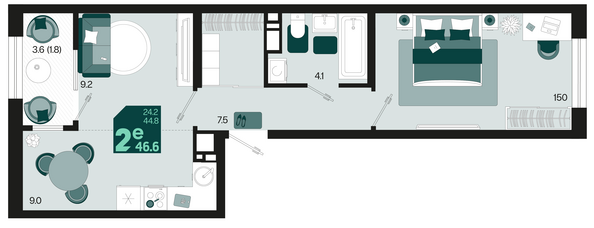 Планировка 2-комн 46,6 м²