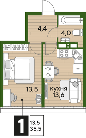 Планировка 1-комн 35,5 м²