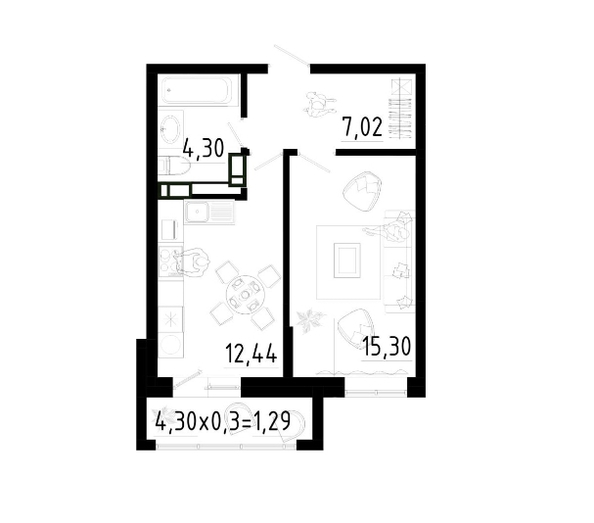 Планировка 1-комн 40,35 м²