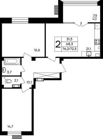 Планировка 2-комн 76,2 м²