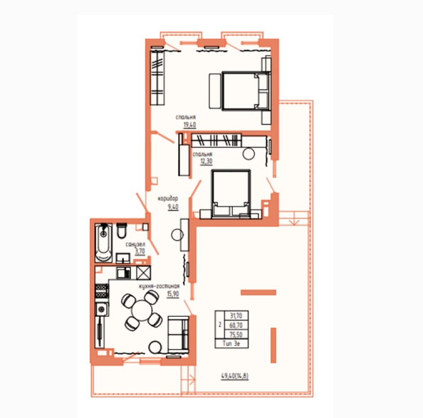 Планировка 3-комн 75,5 м²