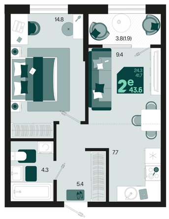 Планировка 2-комн 43,6 м²