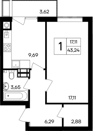 Планировка 1-комн 43,24 м²