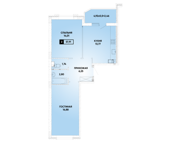 Планировка 2-комн 57,91 м²