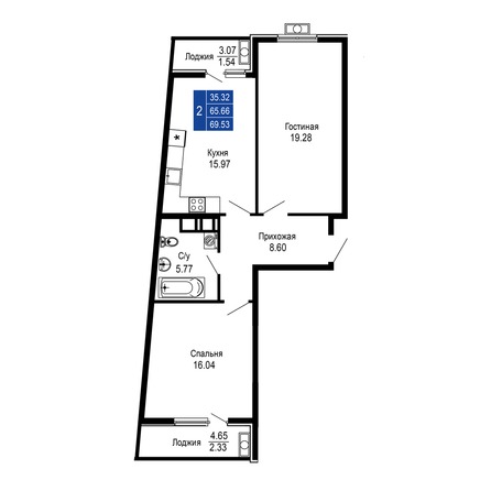 Планировка 2-комн 69,53 м²