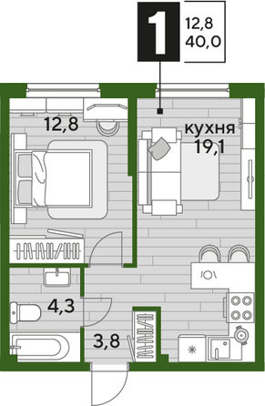 Планировка 1-комн 40 м²