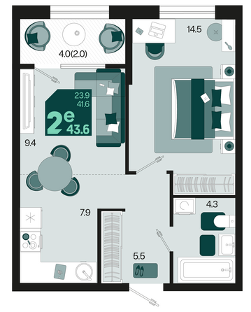 Планировка 2-комн 43,6 м²