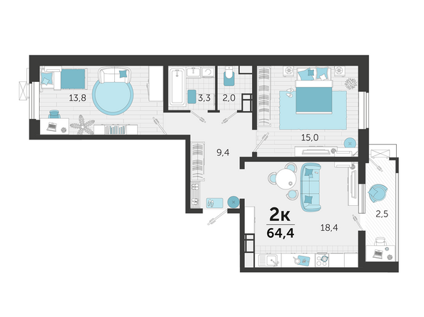 Планировка 2-комн 64,3, 64,4 м²