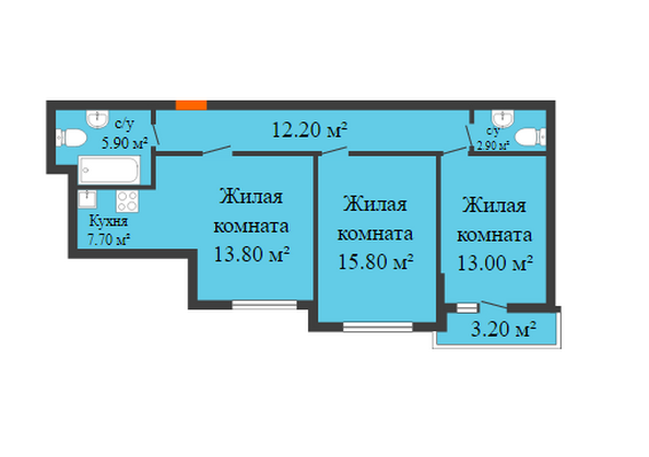 Планировка 3-комн 72,6 м²