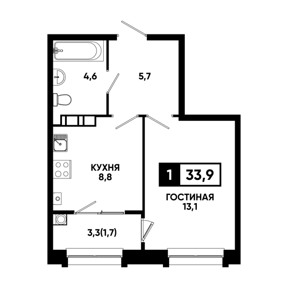 Планировка 1-комн 33,9, 34,2 м²