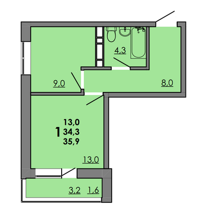 Планировка 1-комн 35,9 м²