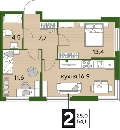 Планировка 2-комн 54,1 м²