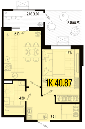 Планировка 1-комн 40,87 м²