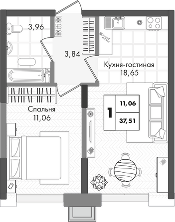 Планировка 1-комн 37,51 м²